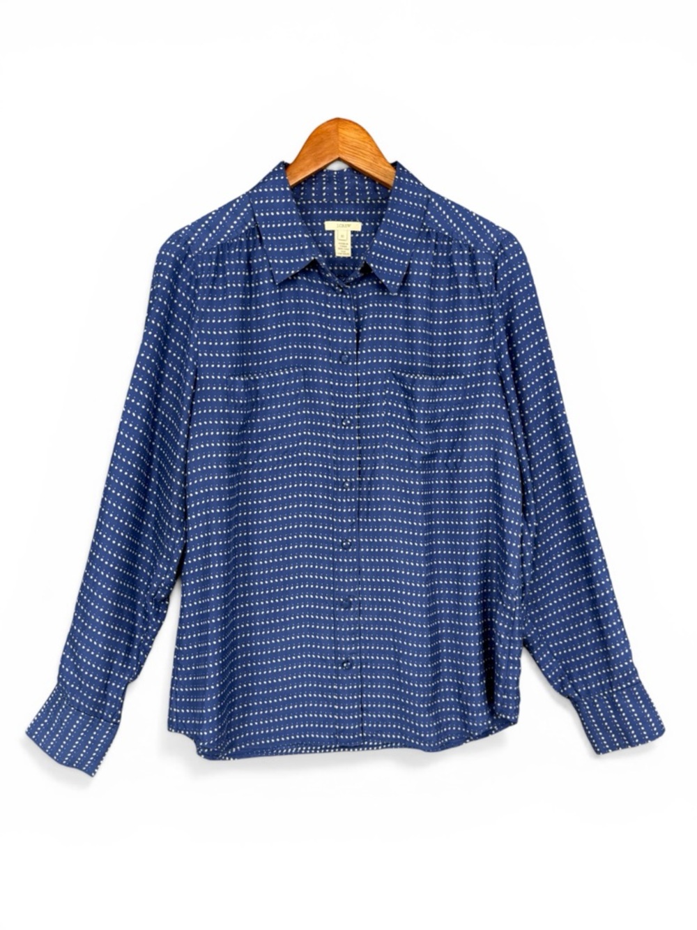 J.Crew Women’s Silk Blouse Blue Cream Dot Pattern Size 10